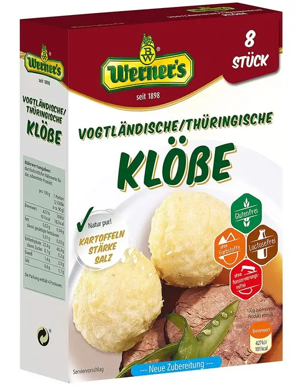 Werner´s Vogtländische / Thüringische Klöße 8 Stück, 10 Packungen / Karton, glutenfrei, laktosefrei, ohne Farbstoffe, ohne zugesetzte Aromen, zum selbstformen,