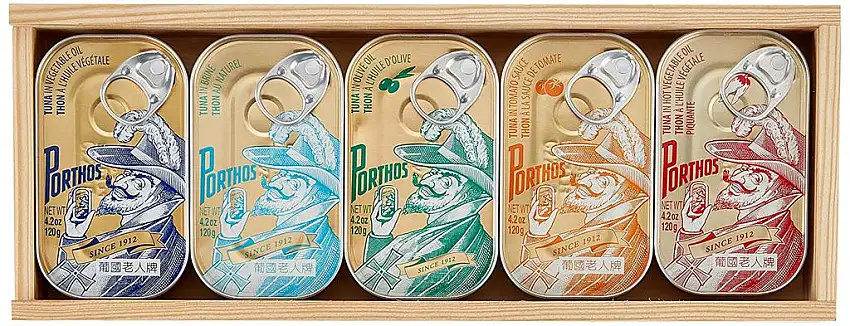 Porthos Tuna Vintage Collection - Holzbox mit 5 Thunfisch Dosen, 1er Pack (1 x 625 g)