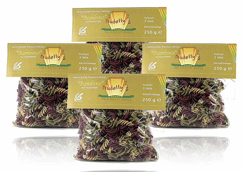 Nudelly's Quattro Bambino glutenfreie Pasta im 4er-Pack, Sesammehl, Eier-Nudeln mit Tapioka-Stärke als Fusilli, paleo, clean, sojafrei