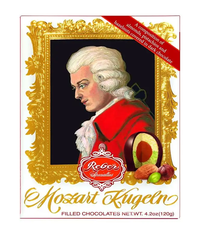 Reber Mozart-Barock, Echte Reber Mozart-Kugeln, Pralinen aus Zartbitter-Schokolade, Marzipan, Nougat, Tolles Geschenk, 12er-Packung