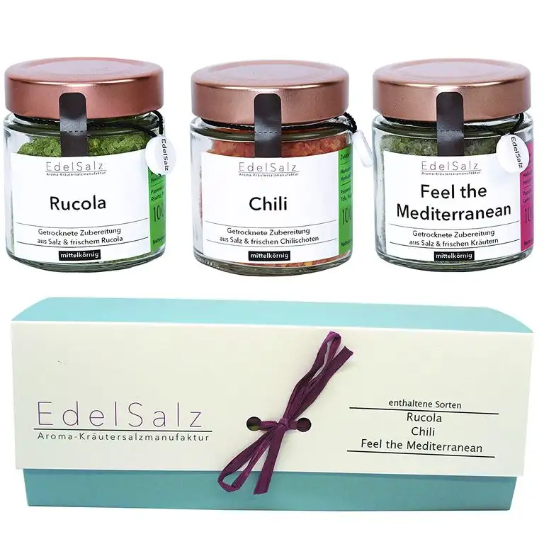 EdelSalz AromaSet Large 3 x 100g Halitsalz Gewürze handgefertigt in Deutschland (Rucola | Chili | Feel the Mediterranean)