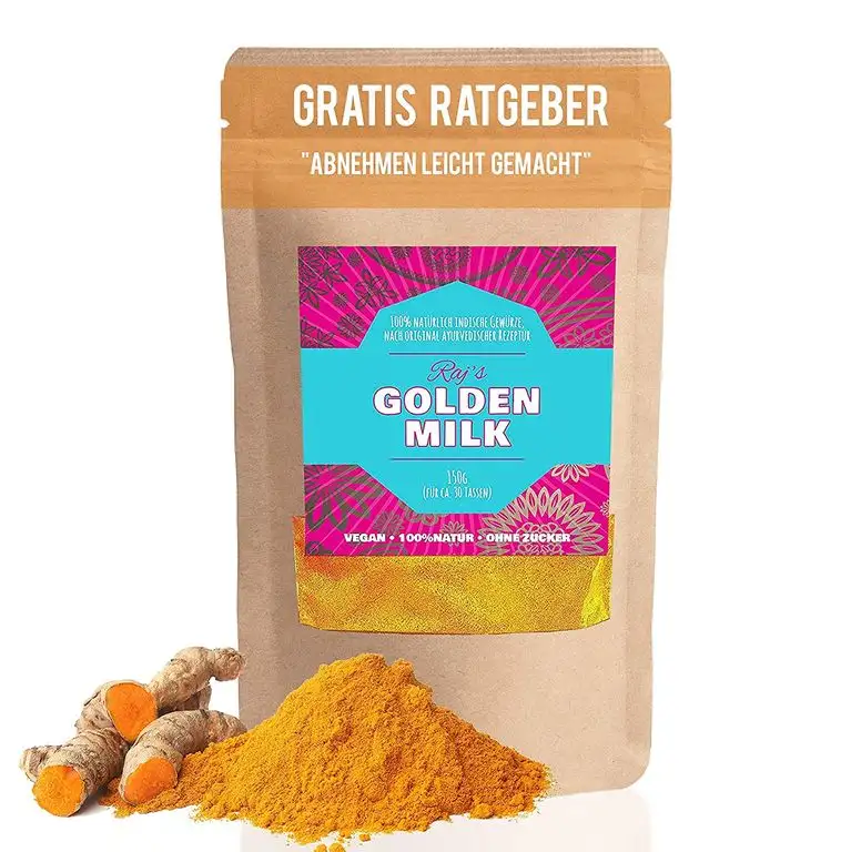 Kurkuma Latte Mix mit Ingwer, Ceylon Zimt, Muskatblüte und Langem Pfeffer I OHNE ZUCKER I XL 150 Gramm I Golden Milk I Goldene Milch I Gewürzmischung (inkl. Gratis E-Book "Abnehmen leicht gemacht")