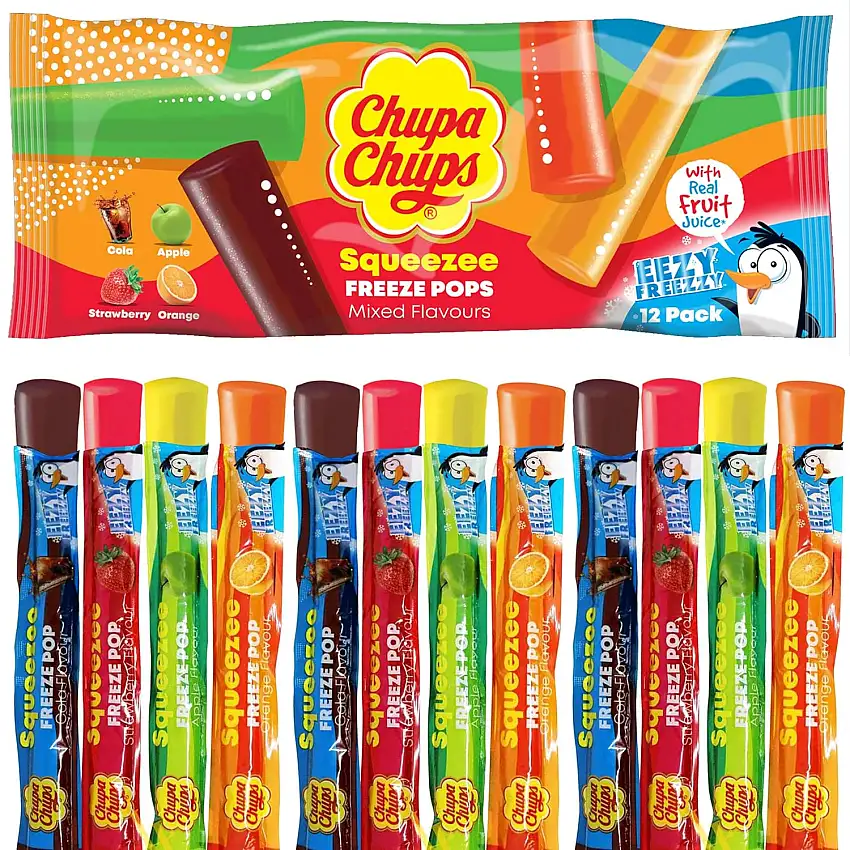 Chupa Chups Squeezee Freeze Pops, 12 x Wassereis zum Einfrieren, vier Sorten Cola, Apfel, Erdbeer, Orange, Eisstangen (12 x 45 ml)