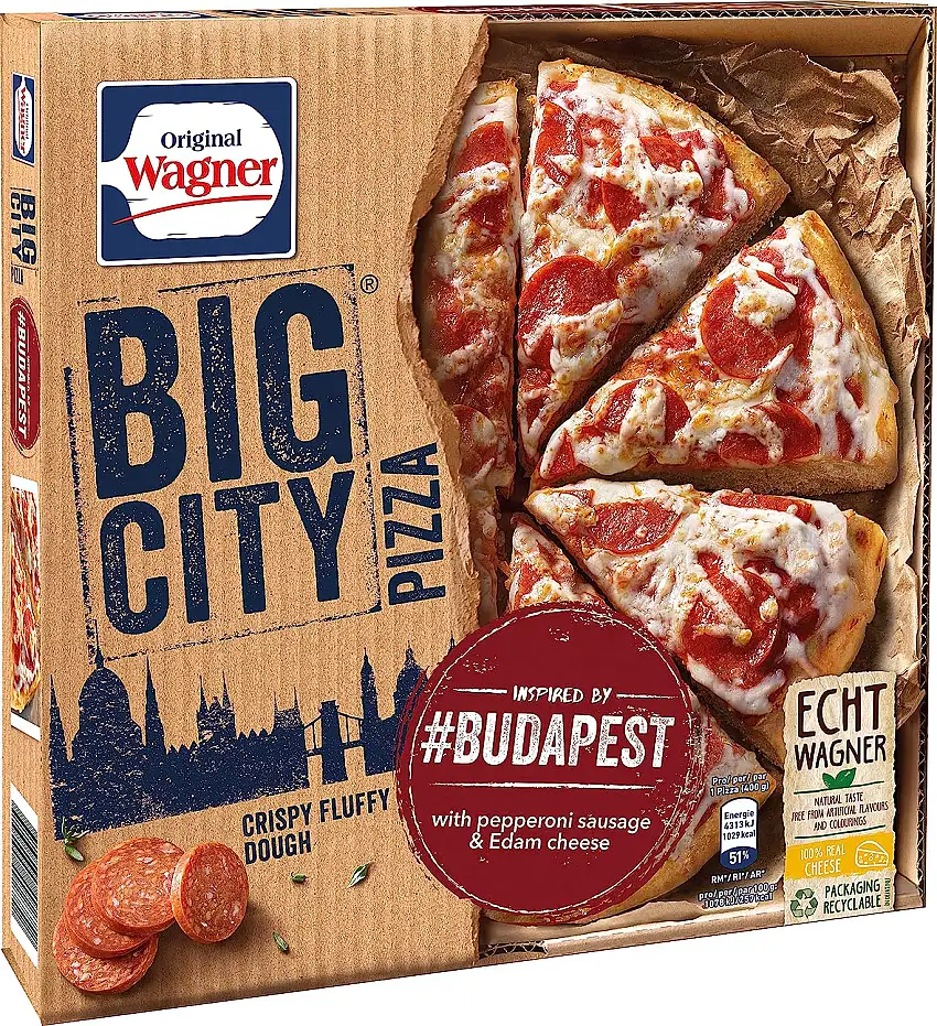 WAGNER BIG CITY Pizza Budapest, Tiefkühl-Pizza mit Peperoni-Wurst & Edamer, innen luftig, außen knusprig, dicker Pizza-Boden, 400g