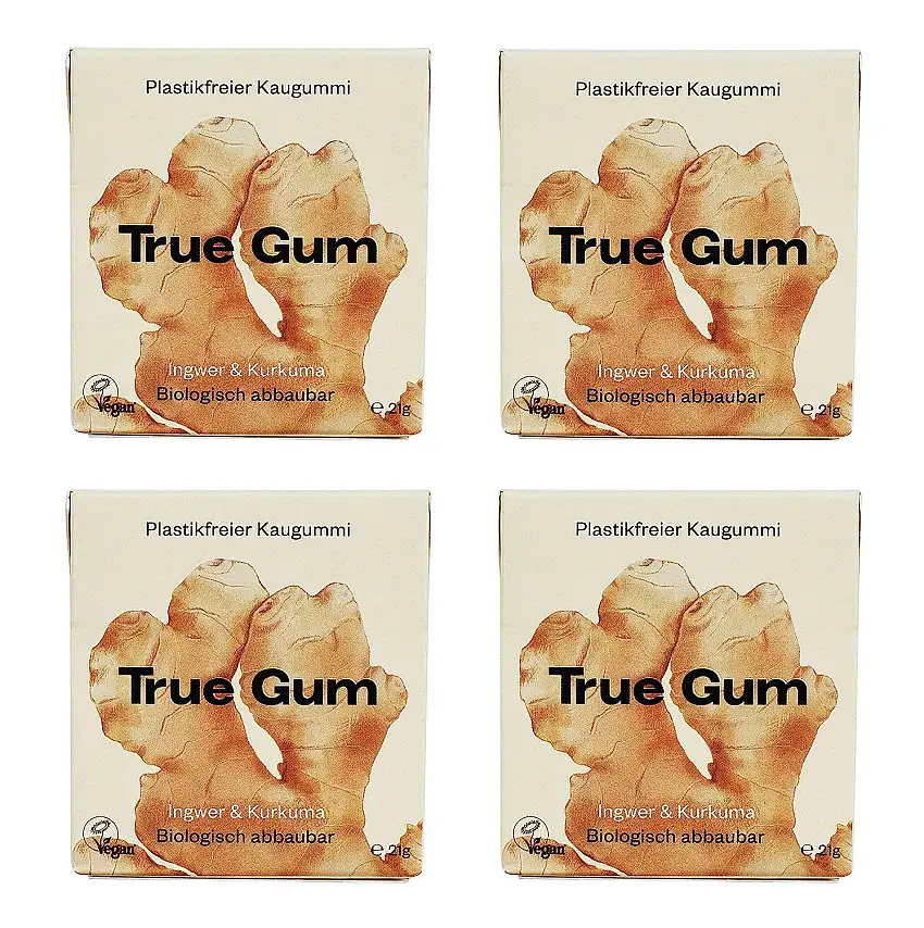 True Gum 4er SET: Ingwer & Kurkuma | Plastikfreier Kaugummi | Biologisch Abbaubar | Vegan | 4 x 21g, 84g