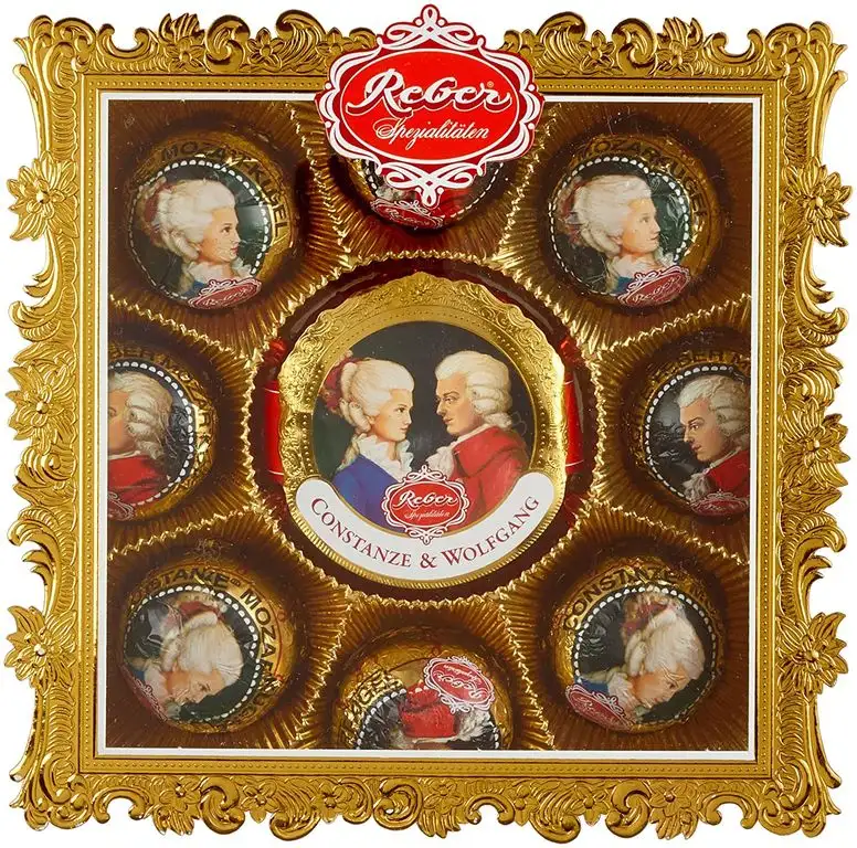 Reber Wolfgang & Constanze Mozart, Mozart-Kugeln, Pastete und Pralinen, Zartbitter- und Alpenmilch-Schokolade, Marzipan, Nougat, Tolles Geschenk, 9er-Packung